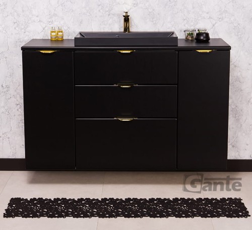 Czarna szafka pod umywalkę Victa 3 szuflady 120 cm z blatem i czarną umywalką nablatową złote uchwyty