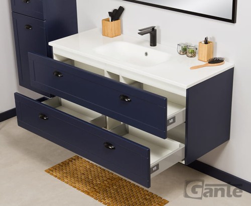 Granatowa szafka do łazienki 120 cm 2 szuflady kolekcja Grend