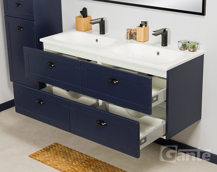 Granatowa szafka do łazienki 120 cm 2 stanowiskowa kolekcja Grend