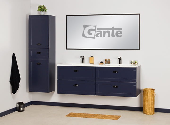 Granatowa szafka do łazienki 140 cm 2 stanowiskowa kolekcja Grend