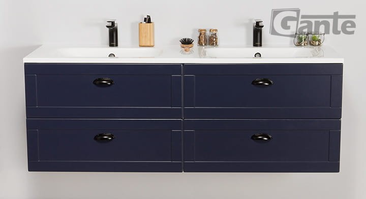 Granatowa szafka do łazienki 140 cm 2 stanowiskowa kolekcja Grend