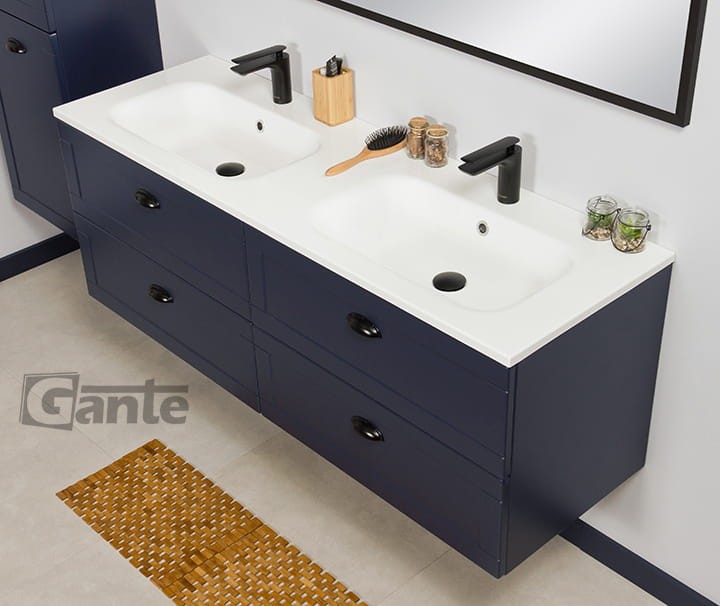 Granatowa szafka do łazienki 140 cm 2 stanowiskowa kolekcja Grend