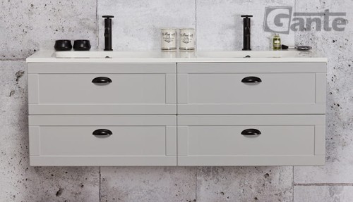 Szara szafka łazienkowa pod umywalkę  z szufladami 140 cm i podwójna umywalka kolekcja Grend
