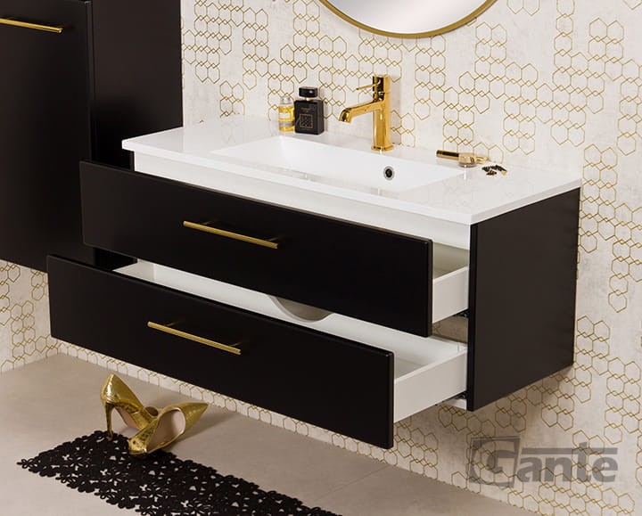 czarna matowa szafka łazienkowa z umywalką złote uchwyty kolekcja Gante meble Belli Gold