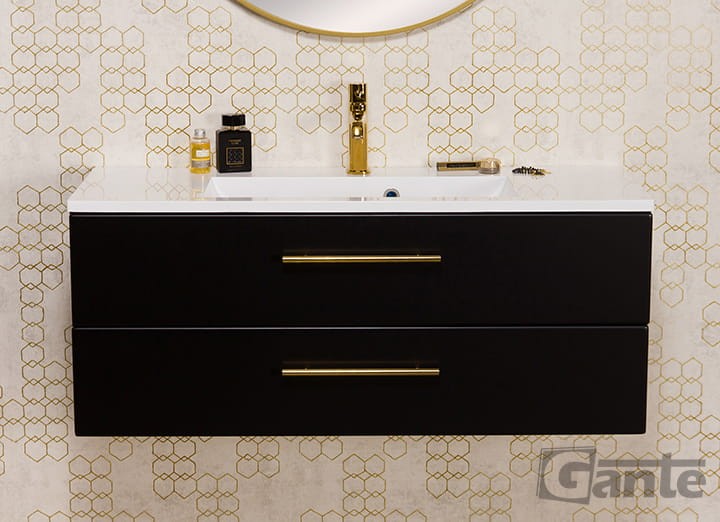 czarna matowa szafka łazienkowa z umywalką złote uchwyty kolekcja Gante meble Belli Gold