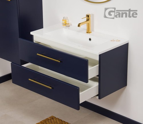 Granatowa szafka do łazienki 80 cm ze złotymi uchwytami Belli gold