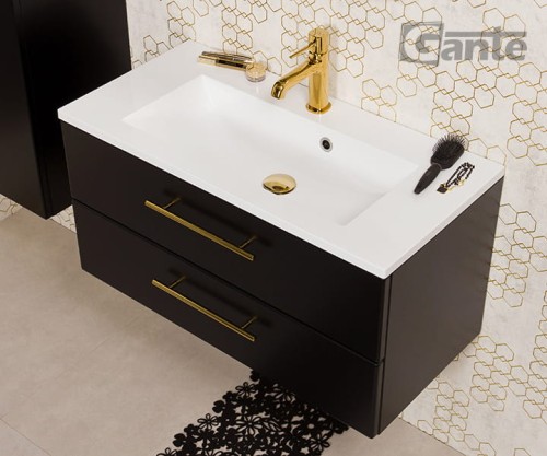 Podwieszana szafka do łazienki 80 cm czarny mat złote uchwyty kolekcje belli gold