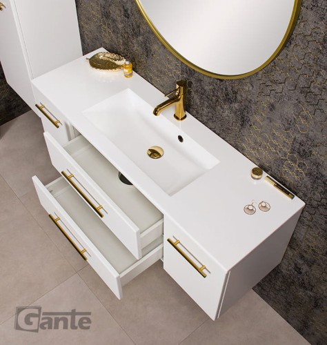 Szafka łazienkowa pod umywalke 120 cm biały połysk złote uchwyty meble łazienkowe Belli gold