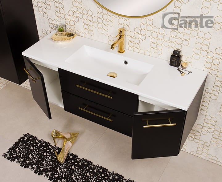 szafka łazienkowa pod umywalkę 120 cm czarny mat złote uchwyty kolekcja belli gold