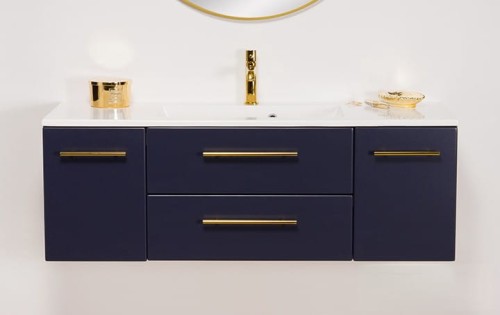 Granatowa szafka do łazienki 120 cm ze złotymi uchwytami Belli gold