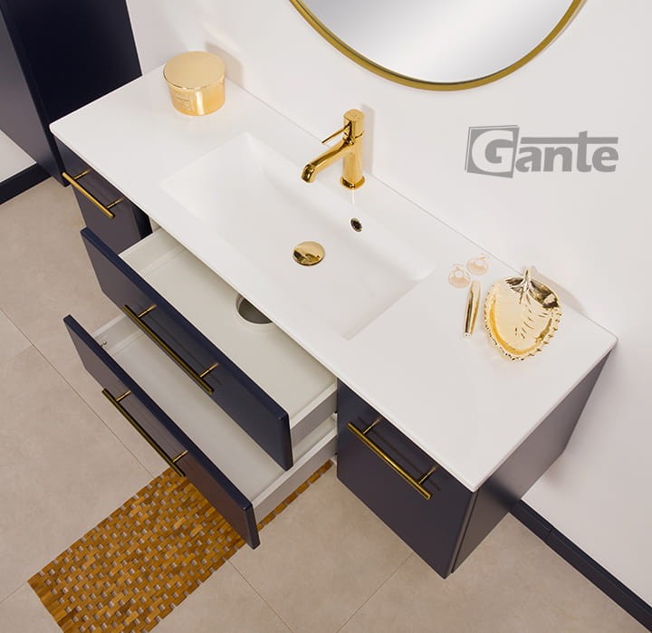 Granatowa szafka do łazienki 120 cm ze złotymi uchwytami Belli gold