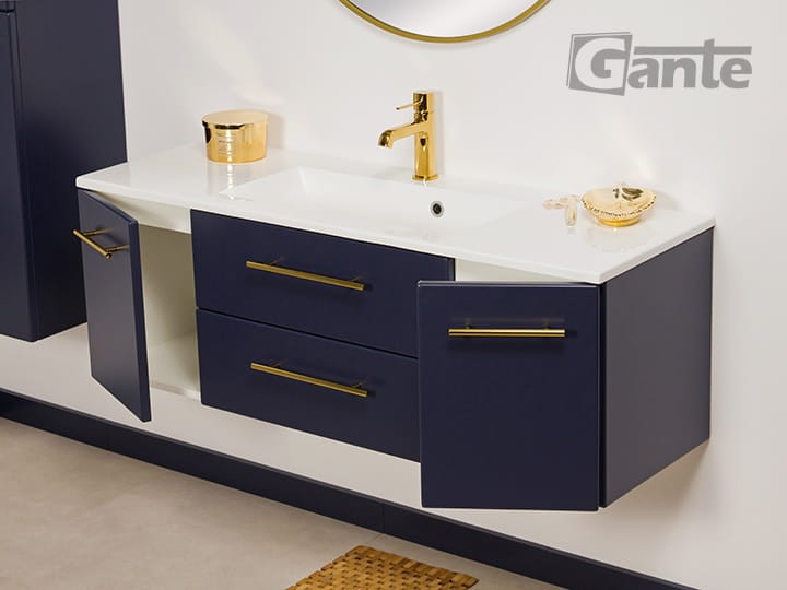 Granatowa szafka do łazienki 120 cm ze złotymi uchwytami Belli gold