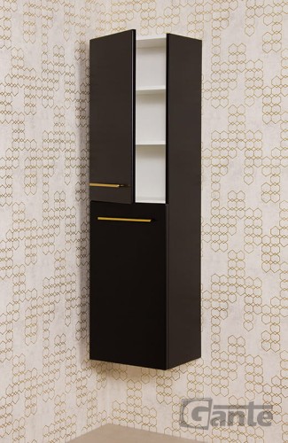 Wiszący regał do łazienki czarny mat ze złotymi uchwytami 2 drzwiowy półki w środku częściowo regulowane kolekcja mebli łazienkowych Belli