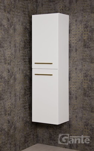 Regał łazienkowy z koszem biały połysk ze złotym uchwytem