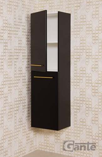 Wiszący regał do łazienki czarny mat ze złotymi uchwytami z koszem półki w środku częściowo regulowane kolekcja mebli łazienkowych Belli gold kupisz na mantes