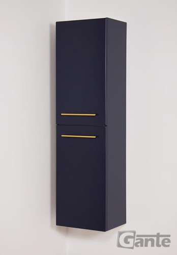 Wiszacy regał domłazienki granatowy ze złotymi uchwytami z koszem