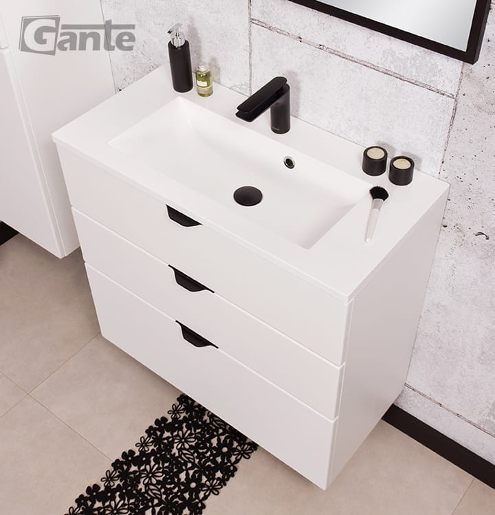 Szafka pod umywalkę Victa 80 cm 3 szuflady z blatem i umywalka nablatową kolor biały mat z czarnymi uchwytami