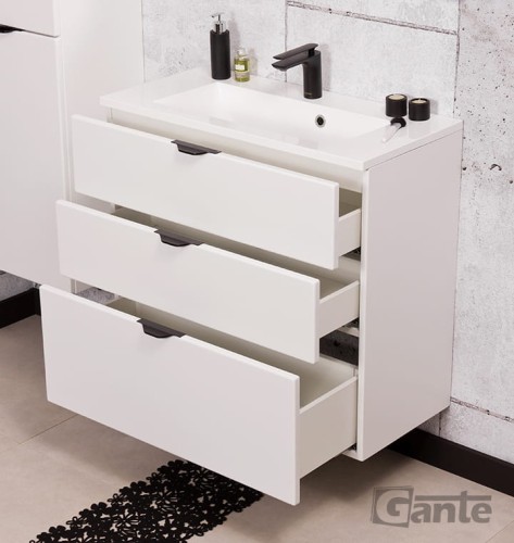 Szafka pod umywalkę Victa 80 cm 3 szuflady z blatem i umywalka nablatową kolor biały mat z czarnymi uchwytami