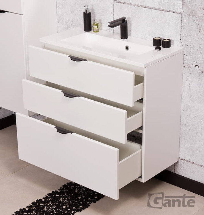 Szafka pod umywalkę Victa 80 cm 3 szuflady z blatem i umywalka nablatową kolor biały mat z czarnymi uchwytami