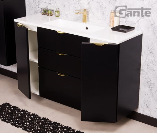 Czarna szafka pod umywalkę Victa  3 szuflady 120 cm z umywalką złote uchwyty