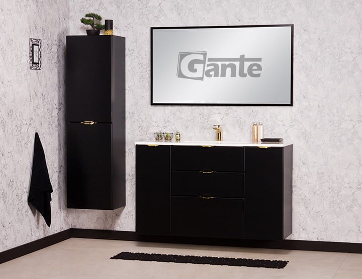 Czarna szafka pod umywalkę Victa  3 szuflady 120 cm z umywalką złote uchwyty