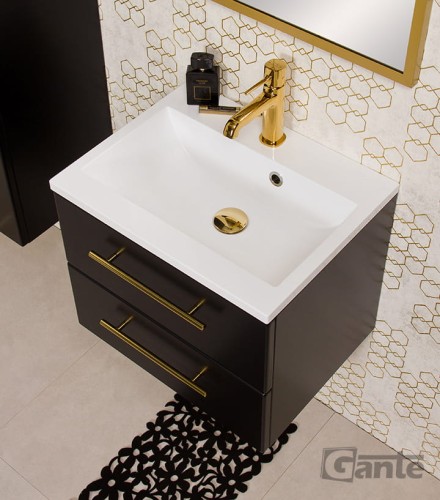 Wisząca szafka do łazienki 50 cm czarny mat złote uchwyty kolekcja Belli Gold