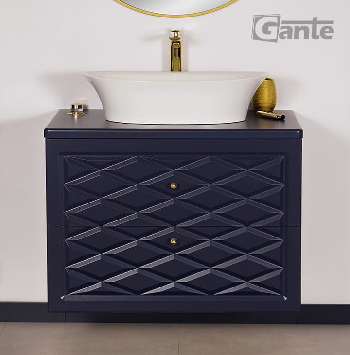 Granatowa szafka łazienkowa pod umywalkę 80 cm z blatem i umywalka nablatową Fini