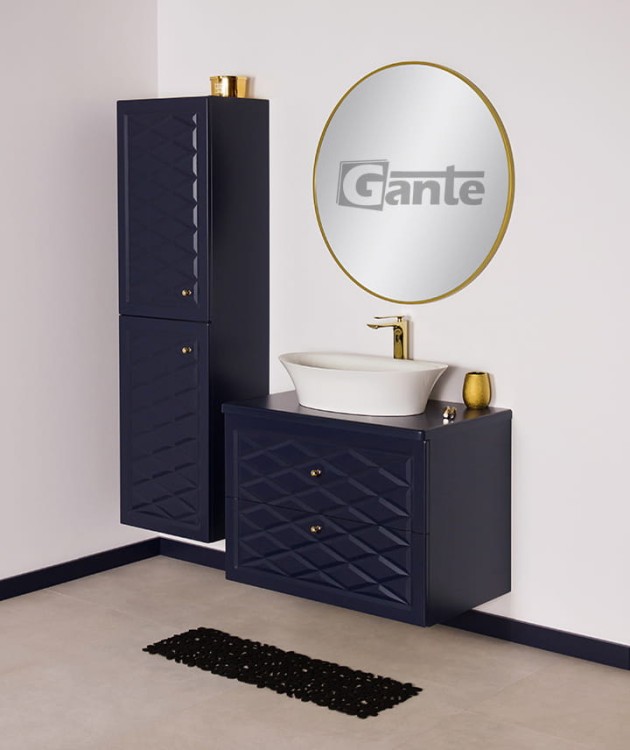 Granatowa szafka łazienkowa pod umywalkę 80 cm z blatem i umywalka nablatową Fini