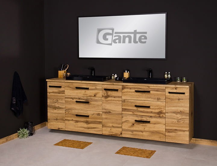2 metrowa szafka do łazienki z baltem i umywalkami nablatowymi dekor szafki dąb naturany 6 szuflad i 3 szafki w jednym meblu