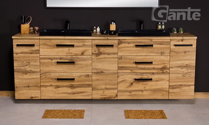2 metrowa szafka do łazienki z baltem i umywalkami nablatowymi dekor szafki dąb naturany 6 szuflad i 3 szafki w jednym meblu
