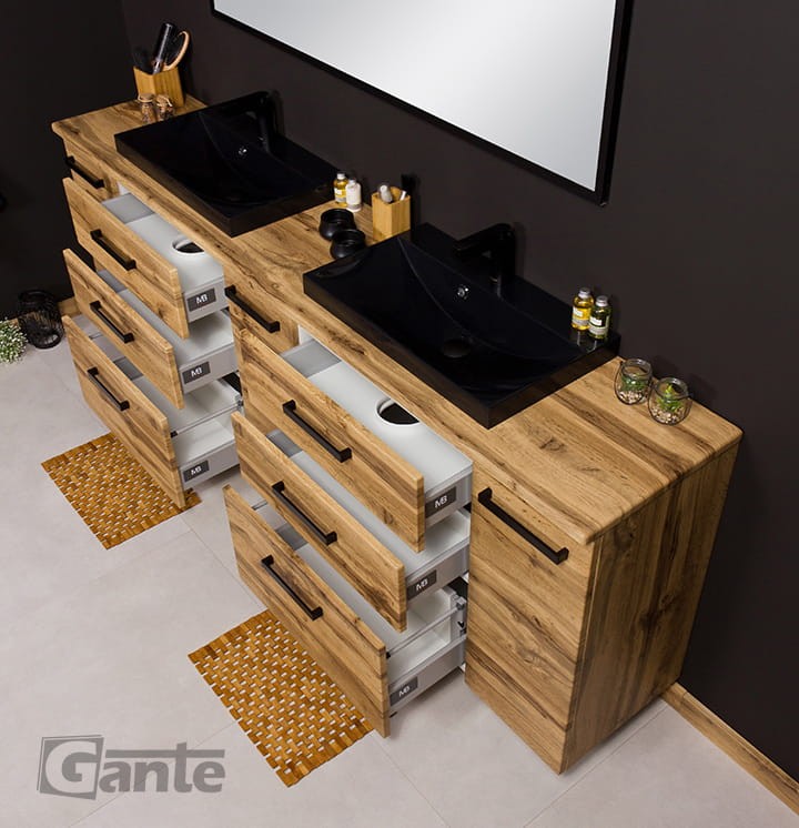 2 metrowa szafka do łazienki z baltem i umywalkami nablatowymi dekor szafki dąb naturany 6 szuflad i 3 szafki w jednym meblu