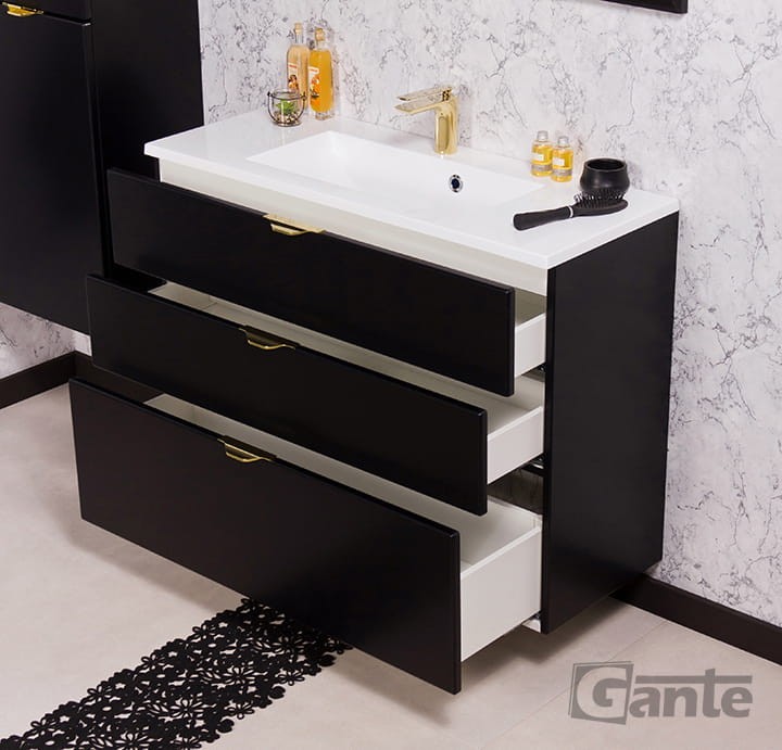 Czarna szafka pod umywalkę ze złotymi krawędziowymi uchwytami 3 szuflady umywalka naszafkowa 100 cm producent Gante kolekcja Victa (1).jpg