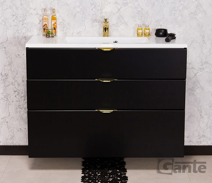 Czarna szafka pod umywalkę ze złotymi krawędziowymi uchwytami 3 szuflady umywalka naszafkowa 100 cm producent Gante kolekcja Victa (3).jpg