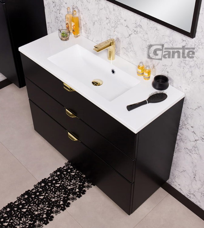 Czarna szafka pod umywalkę ze złotymi krawędziowymi uchwytami 3 szuflady umywalka naszafkowa 100 cm producent Gante kolekcja Victa (4).jpg