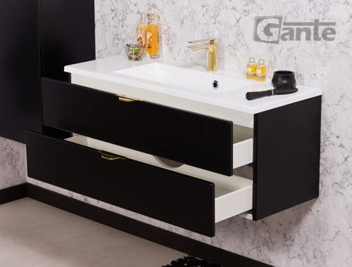 Czarna szafka pod umywalkę ze złotymi krawędziowymi uchwytami 2 szuflady umywalka naszafkowa 100 cm producent Gante kolekcja Victa (1).jpg