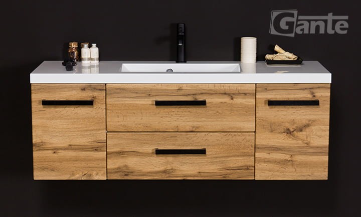 Fajna wisząca szafka pod umywalke 120 cm w dekorze dębu z czarnymi uchwytami  2 szuflady i 2 szafki cichy domyk w standardzie bardzo dobre opinie Klientów