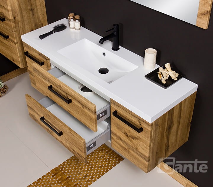 Fajna wisząca szafka pod umywalke 120 cm w dekorze dębu z czarnymi uchwytami  2 szuflady i 2 szafki cichy domyk w standardzie bardzo dobre opinie Klientów