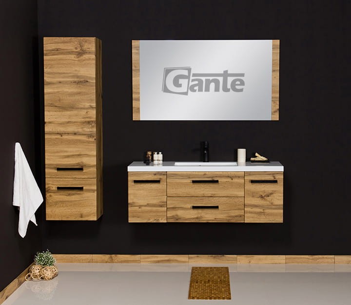 Fajna wisząca szafka pod umywalke 120 cm w dekorze dębu z czarnymi uchwytami  2 szuflady i 2 szafki cichy domyk w standardzie bardzo dobre opinie Klientów