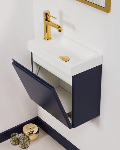 Granatowa szafka do łazienki z małą umywalką kolekcja mebli łazienkowych Cler (2).jpg