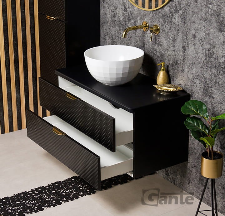 Szafka łazienkowa z blatem Glow 100 cm i umywalka nablatowa w kształcie misy bateria podtynkowa Kohlman złote uchwyty meble łazienkowe producent Gante