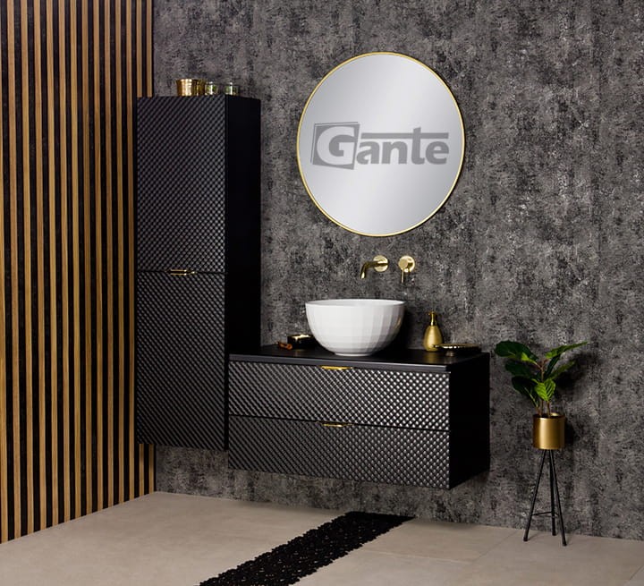 Szafka łazienkowa z blatem Glow 100 cm i umywalka nablatowa w kształcie misy bateria podtynkowa Kohlman złote uchwyty meble łazienkowe producent Gante