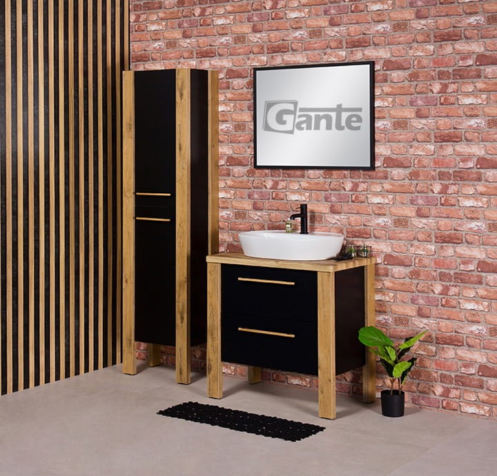 Stojąca szafka pod umywalkę z blatem umywalka nablatowa Elegance kolekcja mebli łazienkowych Cortez czarny mat z drewnem