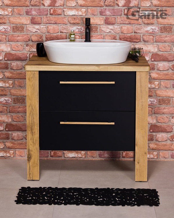Stojąca szafka pod umywalkę z blatem umywalka nablatowa Elegance kolekcja mebli łazienkowych Cortez czarny mat z drewnem