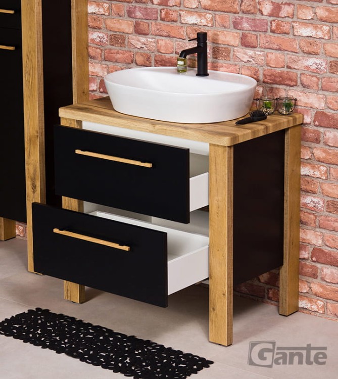 Stojąca szafka pod umywalkę z blatem umywalka nablatowa Elegance kolekcja mebli łazienkowych Cortez czarny mat z drewnem