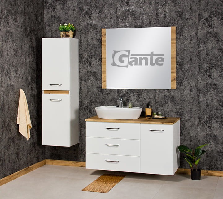 Szafka łazienkowa z koszem na bieliznę do tego blat i umywalka nablatowa