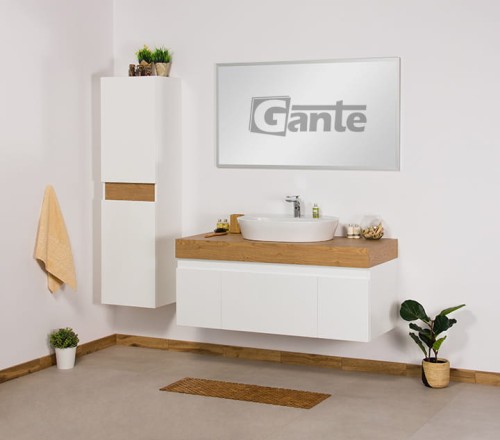 Biała szafka pod umywalkę nablatową blat dekor dąb naturalny ceramiczna nablatowa umywalka Premium