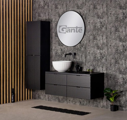 Szafka łazienkowa z blatem Glow 120 cm 4 szuflady i umywalka nablatowa w kształcie misy bateria podtynkowa Kohlman czarne uchwyty meble łazienkowe producent Gante