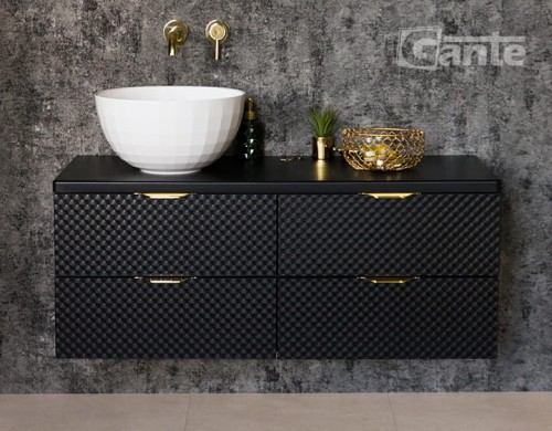 Szafka łazienkowa z blatem Glow 120 cm i umywalka nablatowa w kształcie misy złota bateria podtynkowa Kohlman złote uchwyty meble łazienkowe producent Gante (1).jpg