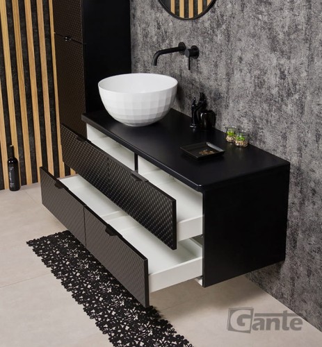 Szafka łazienkowa z blatem Glow 120 cm 4 szuflady i umywalka nablatowa w kształcie misy bateria podtynkowa Kohlman czarne uchwyty meble łazienkowe producent Gante  (3).jpg