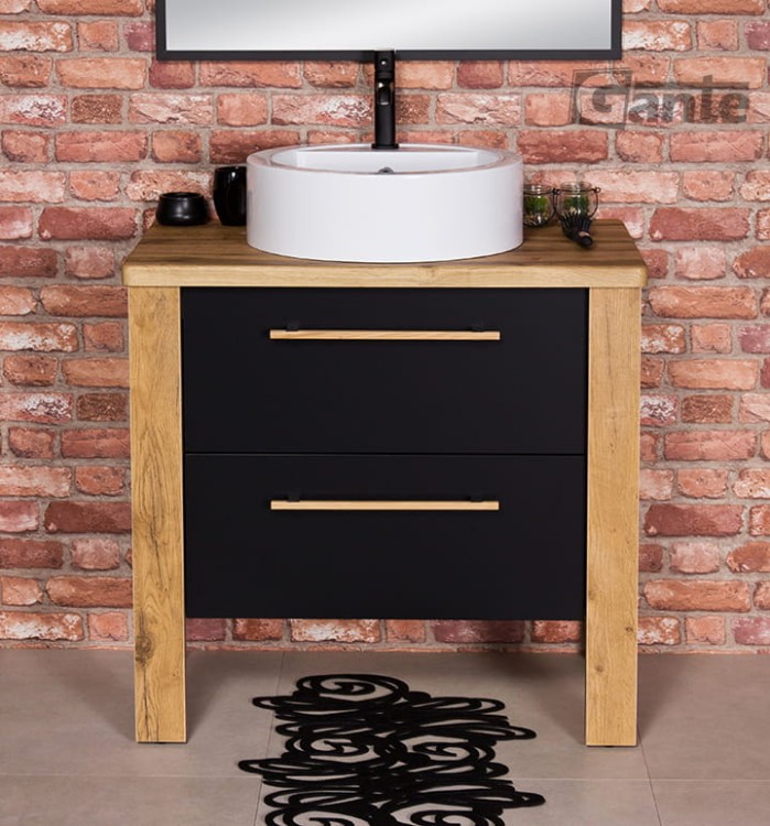 Stojaca szafka do łazienki z blatem umywalka nablatowa z miejscem do montażu baterii szerokość 80 cm kolor czarny mat i drewno  (3).jpg